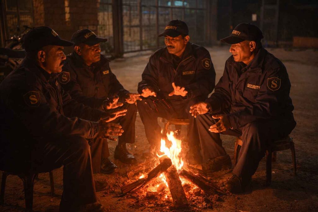 Security guards warming themselves by fire at night contributing to waste burning and air pollution in Delhi