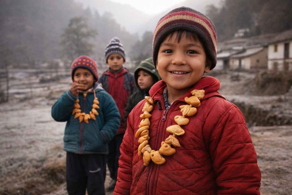 Makar Sankranti: भारतीय सभ्यता, कृषि और खगोल विज्ञान का पर्व उत्तराखंड में मकर संक्रांति (घुघुतिया) पर घुघुति माला पहने बच्चे सुबह के समय बाहर खड़े हुए