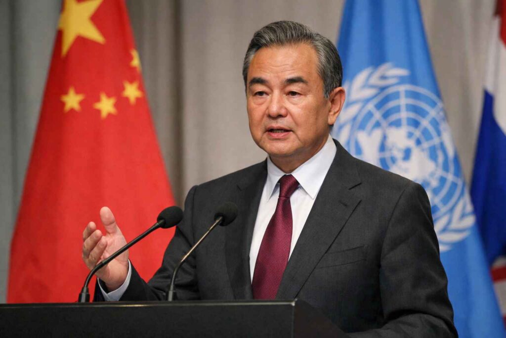 AI-generated image of Chinese Foreign Minister Wang Yi delivering a diplomatic speech