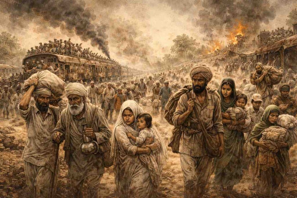 1947 India-Pakistan Partition depicting refugees carrying belongings, families moving together, crowded trains and temporary camps, illustrating the human impact on Indian Geopolitics.