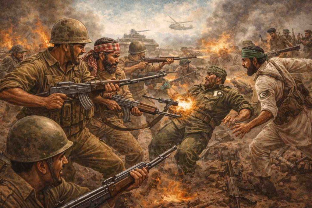 Indian soldiers collaborating with Muktibahini forces confronting Pakistani soldiers during the 1971 India-Pakistan War, illustrating military and humanitarian aspects of Indian Geopolitics.