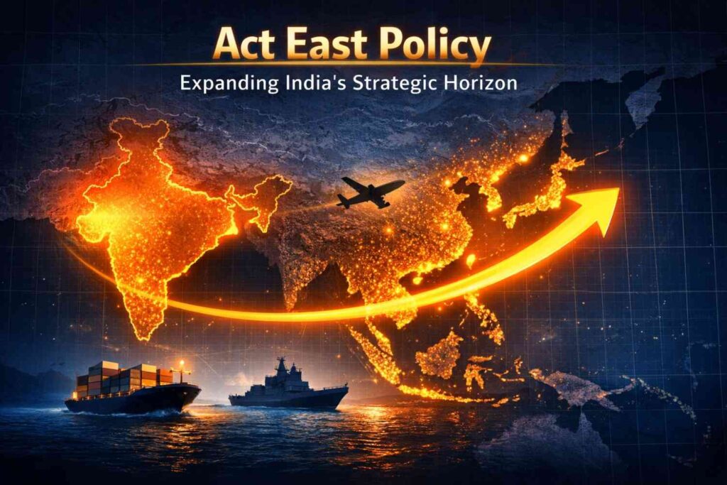 भारत की विदेश नीति: 1947 से अब तक का इतिहास, सिद्धांत और रणनीति भारत की विदेश नीति और एक्ट ईस्ट नीति के तहत पूर्व की ओर बढ़ती रणनीतिक पहुँच का मानचित्र।