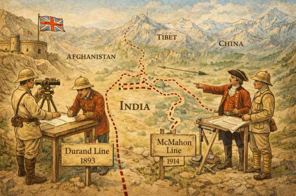 British officials in India drawing the Durand Line and McMahon Line with maps and surveying instruments, illustrating the creation of modern political boundaries in Indian Geopolitics.