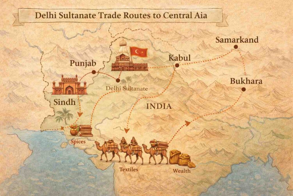 Delhi Sultanate trade routes map showing Sindh and Punjab connecting Indian trade of spices, textiles and wealth with Central Asian caravan routes, highlighting Indian Geopolitics.