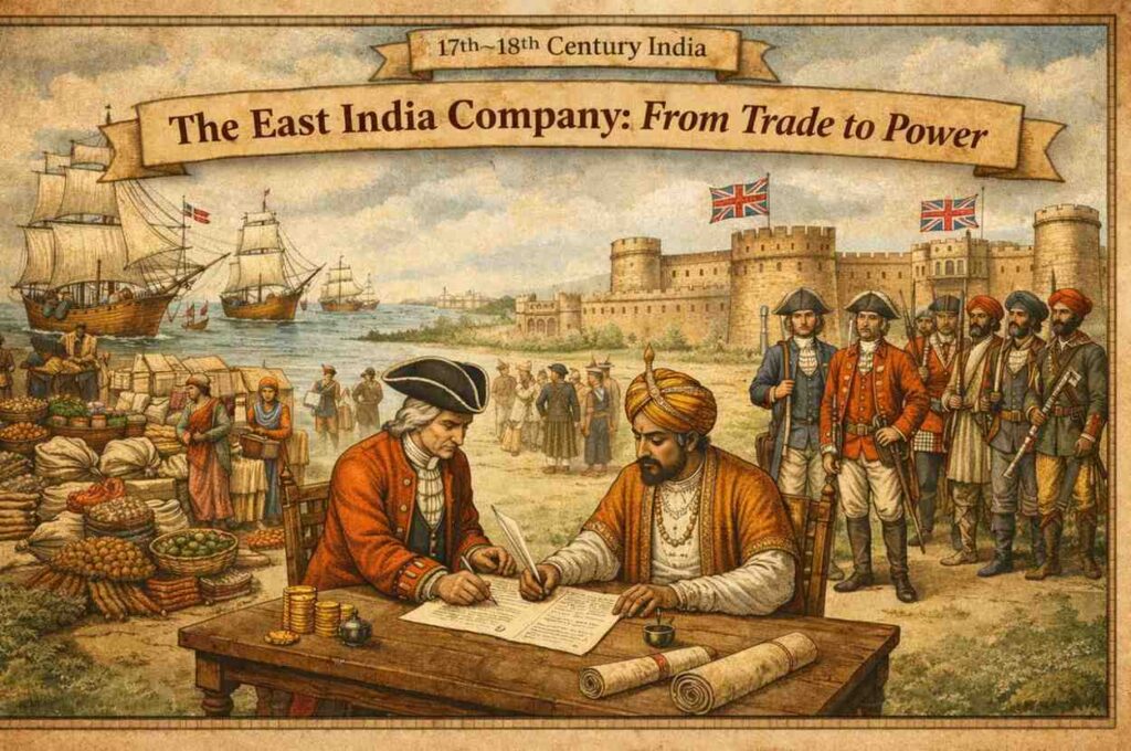 East India Company officials signing a treaty with a local nawab in Bengal, with British ships, warehouses, and forts in the background, illustrating trade and political influence in Indian Geopolitics.