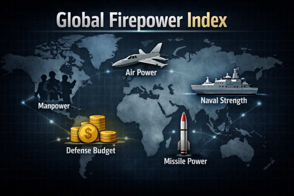 Most Powerful Countries 2026: Firepower Index और भारत की रैंकिंग Global Firepower Index ranking factors – manpower, air power, naval strength and defense budget