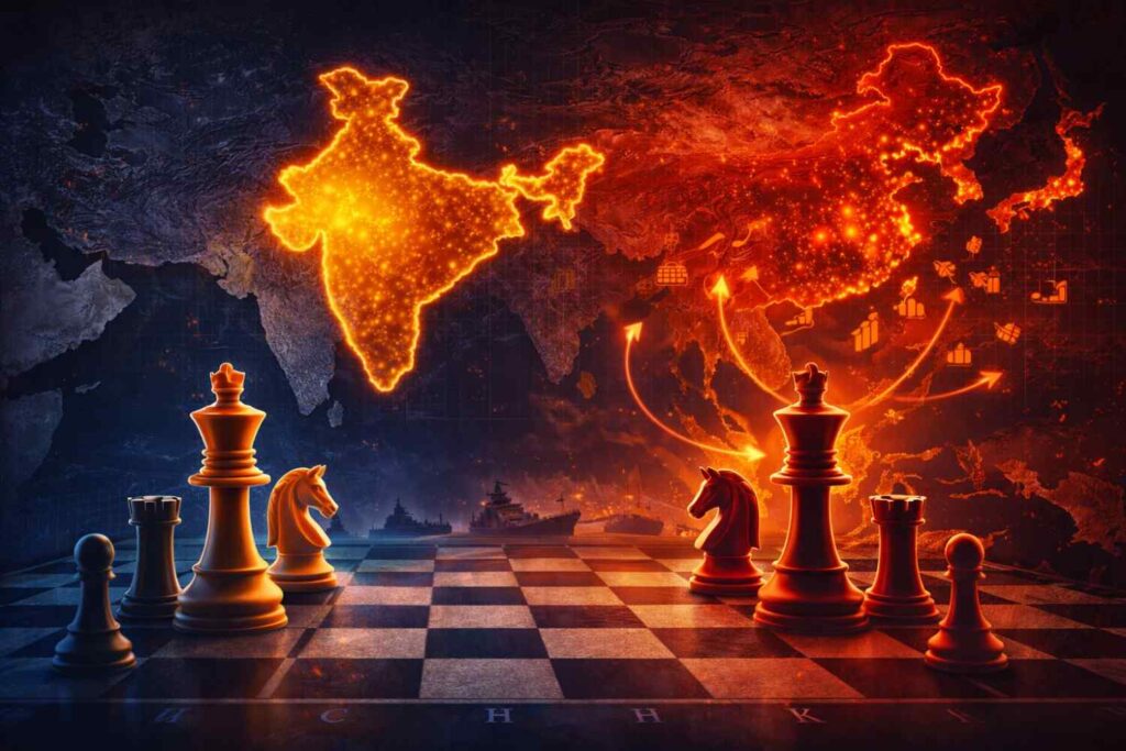 भारत की विदेश नीति: 1947 से अब तक का इतिहास, सिद्धांत और रणनीति भारत और चीन के बीच सामरिक प्रतिस्पर्धा को दर्शाती सिनेमैटिक शतरंज थीम वाली छवि, जिसमें एशिया का नक्शा पृष्ठभूमि में और शतरंज के मोहरे रणनीतिक टकराव का प्रतीक हैं।