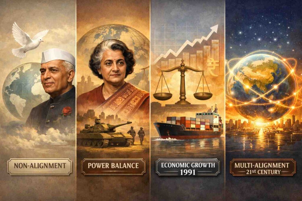 भारत की विदेश नीति: 1947 से अब तक का इतिहास, सिद्धांत और रणनीति 1947 से वर्तमान तक भारत की विदेश नीति का विकास दर्शाती टाइमलाइन छवि।