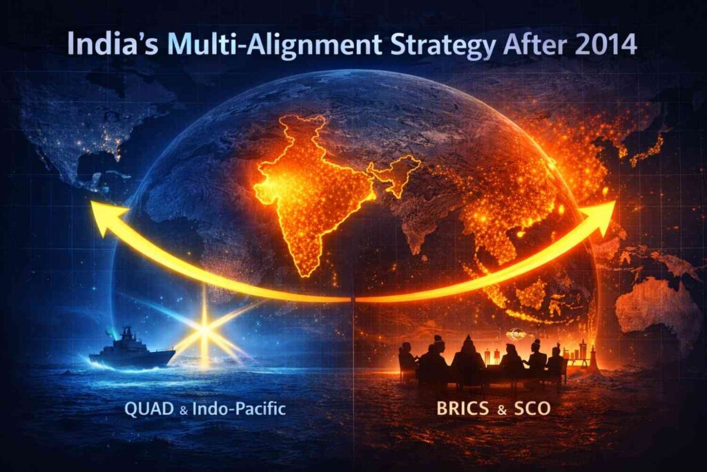 भारत की विदेश नीति: 1947 से अब तक का इतिहास, सिद्धांत और रणनीति 2014 के बाद भारत की बहु-संरेखण विदेश नीति — QUAD, इंडो-पैसिफिक, BRICS और SCO के बीच संतुलन।