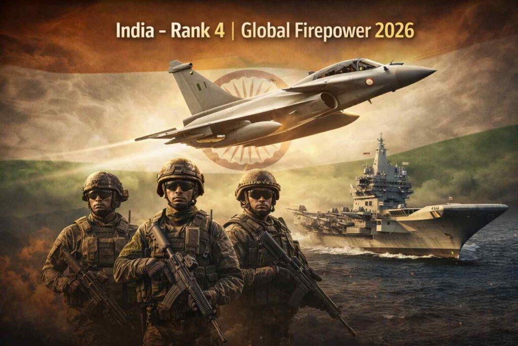 Most Powerful Countries 2026: Firepower Index और भारत की रैंकिंग India Rank 4 in Global Firepower Index 2026 showing Indian Army soldiers, Rafale jet and INS Vikrant aircraft carrier