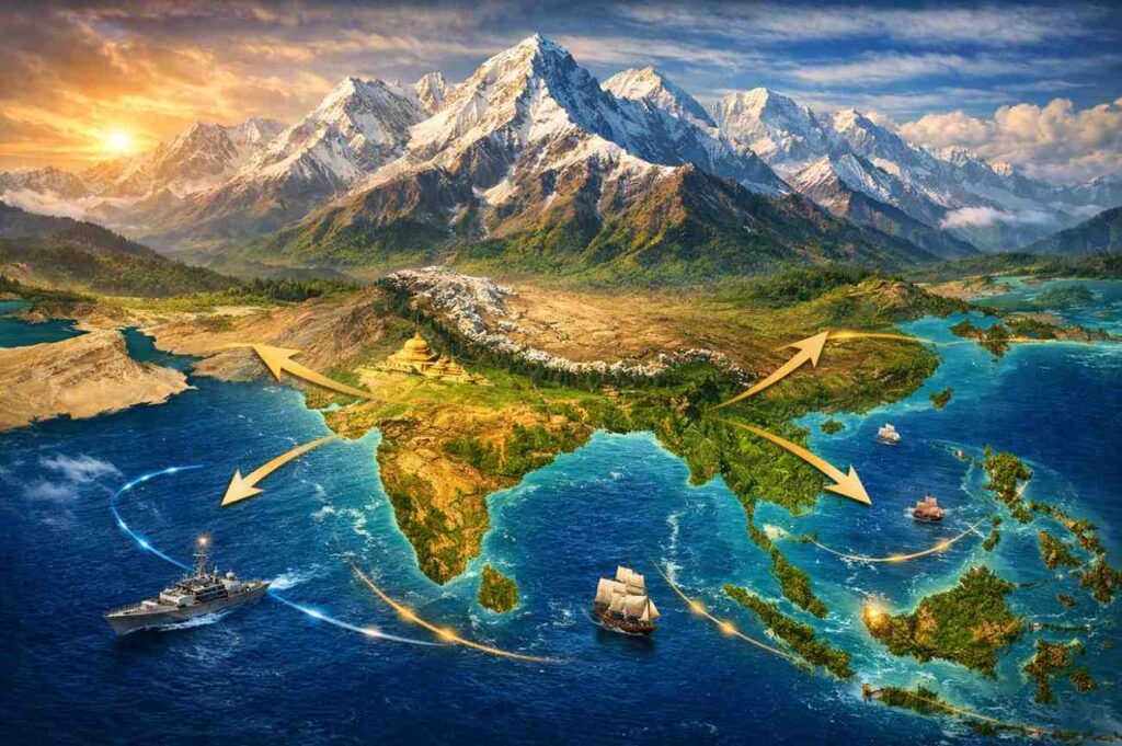 Map of India showing the Himalayas in the north and the Indian Ocean in the south, highlighting India