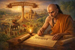 Mauryan Empire scene showing Chanakya writing the Arthashastra, representing ancient Indian geopolitics, statecraft and strategic thinking.