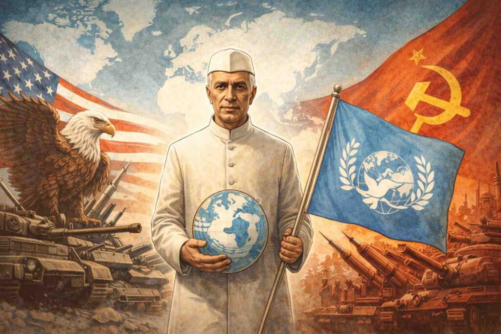 Jawaharlal Nehru standing between symbolic representations of the USA and USSR during the Cold War, holding a Non-Aligned Movement flag, illustrating India
