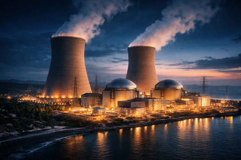 भारत की विदेश नीति: 1947 से अब तक का इतिहास, सिद्धांत और रणनीति Coastal nuclear power plant with cooling towers at sunset.