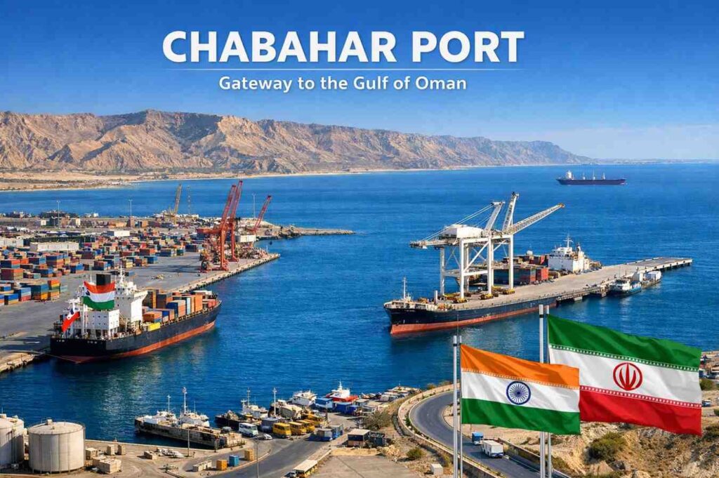ईरान का Chabahar Port जो भारत को अफगानिस्तान और Central Asia तक व्यापारिक पहुँच देता है। 