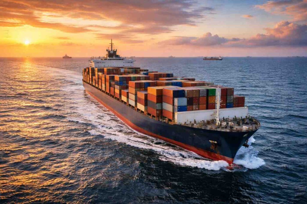 Middle East के पास से गुजरते वैश्विक समुद्री व्यापार मार्ग और cargo ship