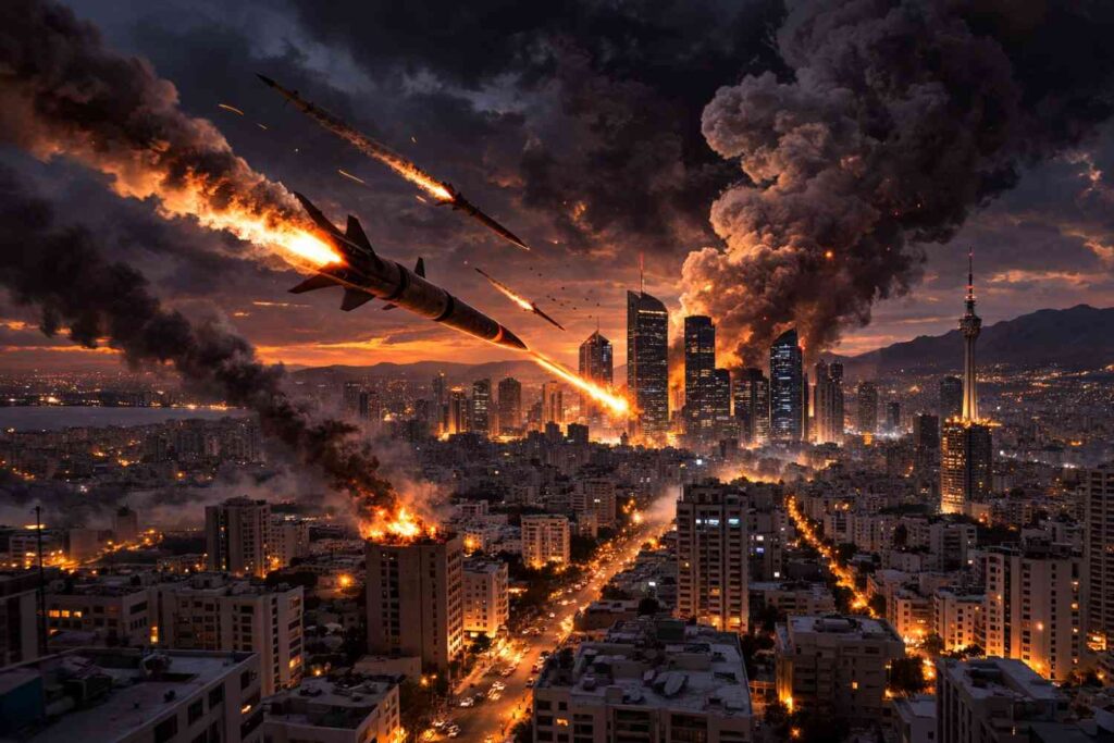 USA–Israel–Iran Conflict: इतिहास, कारण और पूरी कहानी AI-generated image of missiles moving toward a city skyline with dark, smoky background and missile trails.