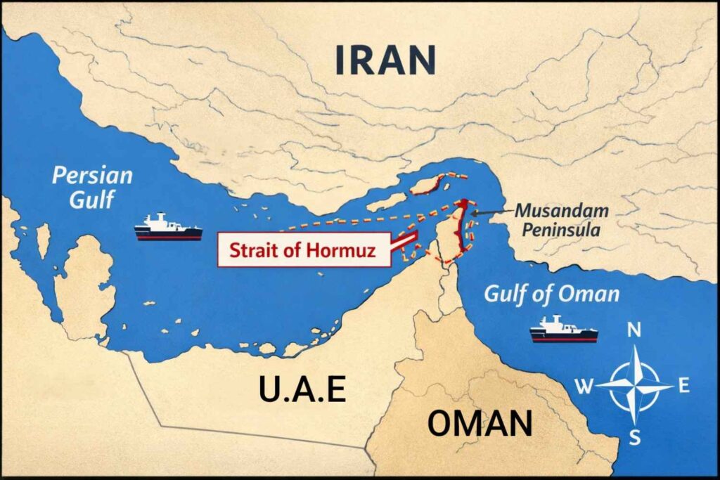 Strait of Hormuz map showing location between Iran and Oman