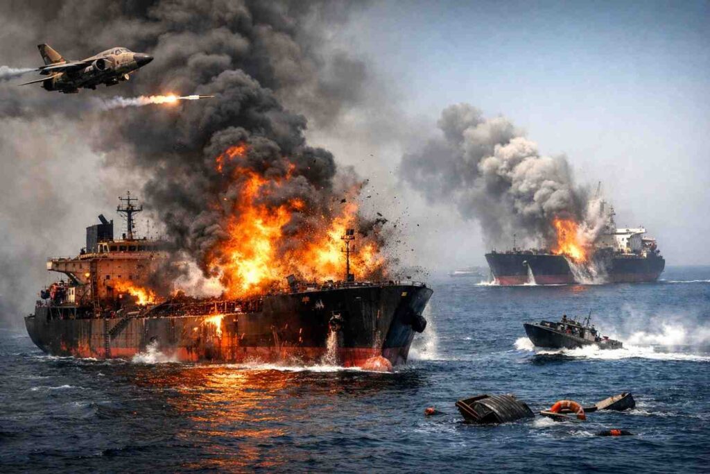 Oil tanker with small fire and smoke in the Strait of Hormuz, highlighting global oil trade risk