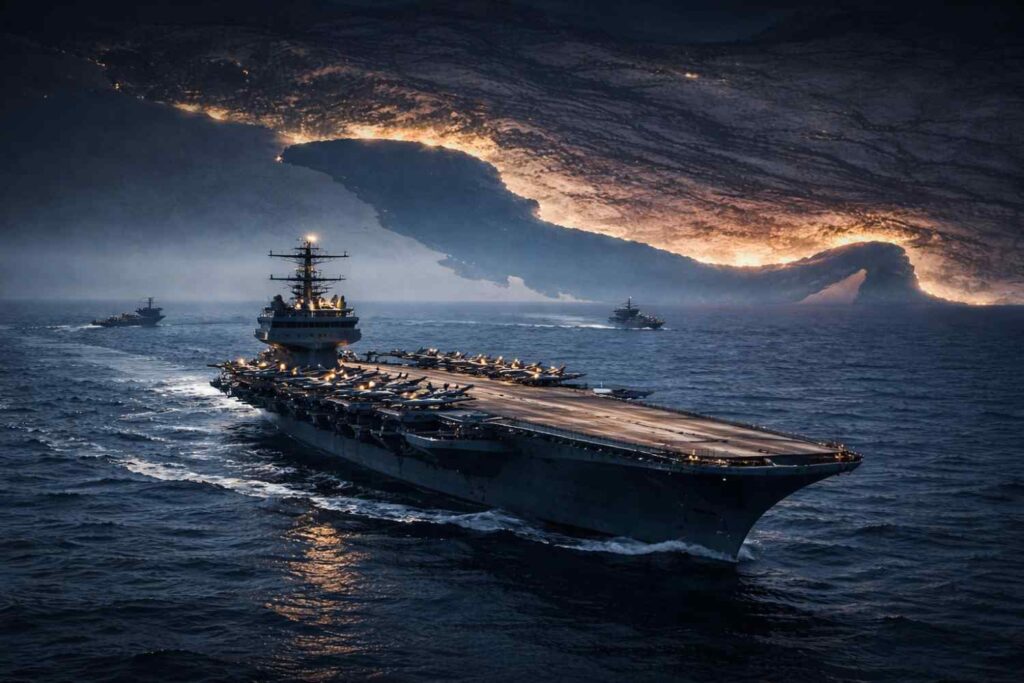 USA–Israel–Iran Conflict: इतिहास, कारण और पूरी कहानी ईरान के तट के पास समुद्र में तैनात एक अमेरिकी विमानवाहक पोत और उसके एस्कॉर्ट जहाजों को दर्शाती छवि।