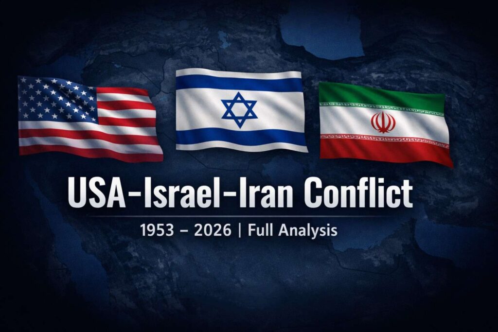 USA–Israel–Iran Conflict: इतिहास, कारण और पूरी कहानी USA-Israel-Iran Conflict 1953–2026 Middle East map with flags