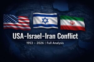 USA Israel Iran Conflict 1953–2026 Middle East map with flags