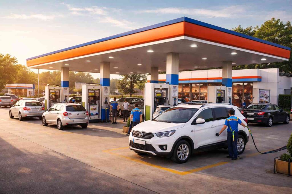 Hormuz Strait बंद होने पर भारत में पेट्रोल-डीजल की कीमत कितनी बढ़ेगी? पेट्रोल पंप पर खड़ी कार में ईंधन भरते हुए worker का दृश्य