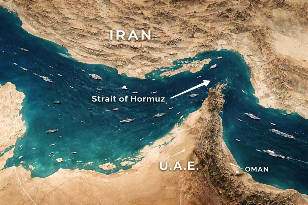 Hormuz Strait बंद होने पर भारत में पेट्रोल-डीजल की कीमत कितनी बढ़ेगी? Strait of Hormuz का satellite view जहाँ से दुनिया का अधिकांश तेल सप्लाई गुजरता है।