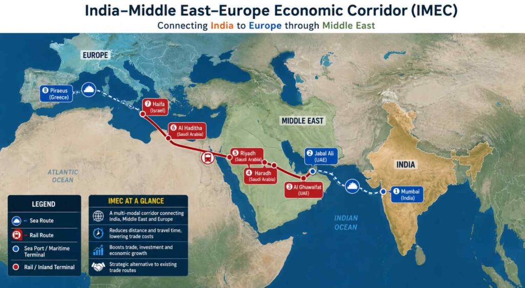 IMEC Corridor map showing Mumbai, Jabal Ali, Riyadh, Al Haditha, Haifa and Piraeus trade connectivity route between India, Middle East and Europe